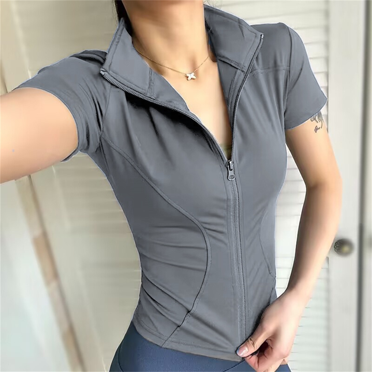 AliExpress Casual Slim Sports Coat For Women Short Sleeve Solid Zipper Tops Female Cycling Running Yoga Outfit Clothes Summer Sport Jacket, view 6