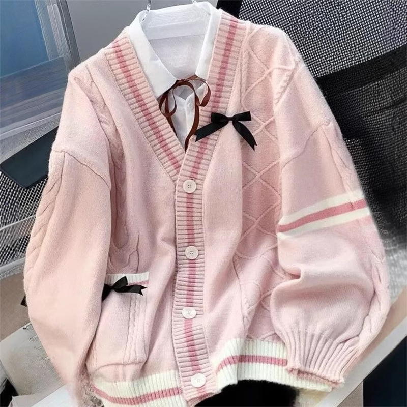 AliExpress Casual Sweet Bow Cardigan Woman Autumn Winter Japanese Classic Preppy Style Knitted Coats Y2K Vintage Contrast Color V-Neck Tops