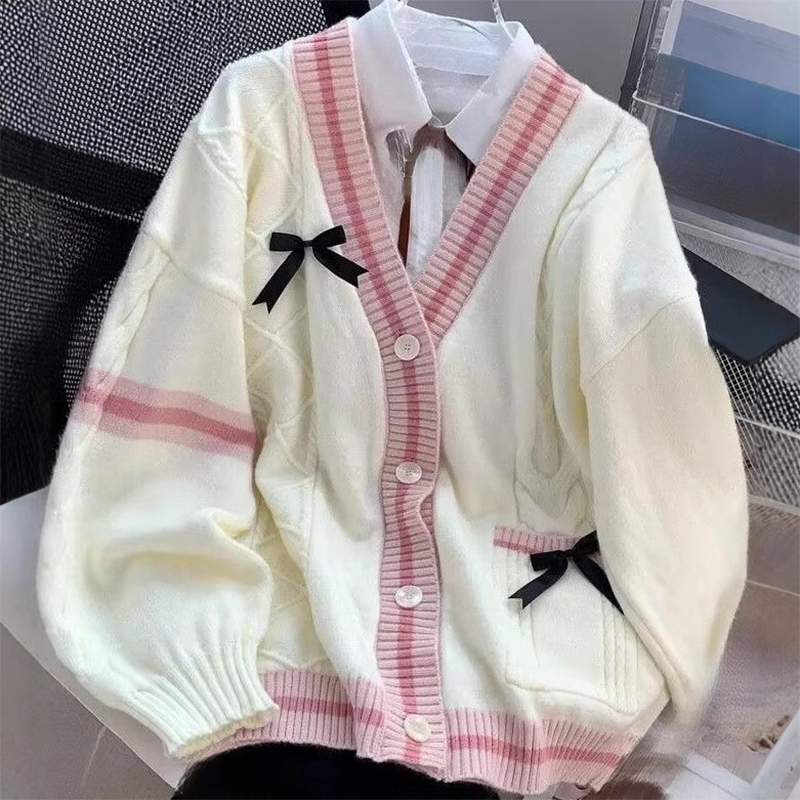 AliExpress Casual Sweet Bow Cardigan Woman Autumn Winter Japanese Classic Preppy Style Knitted Coats Y2K Vintage Contrast Color V-Neck Tops, view 2