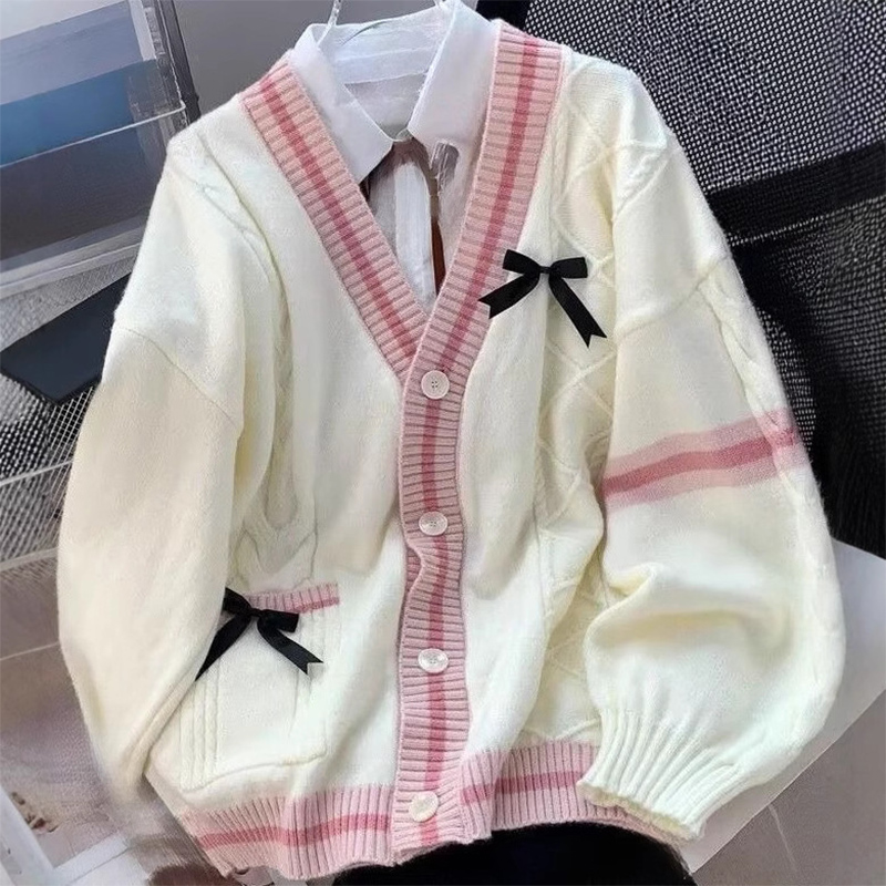 AliExpress Casual Sweet Bow Cardigan Woman Autumn Winter Japanese Classic Preppy Style Knitted Coats Y2K Vintage Contrast Color V-Neck Tops, view 3