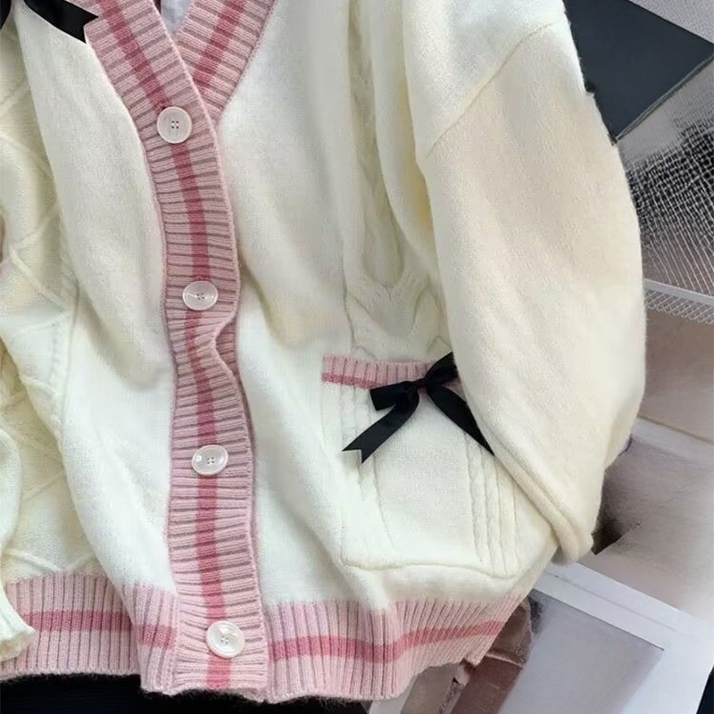 AliExpress Casual Sweet Bow Cardigan Woman Autumn Winter Japanese Classic Preppy Style Knitted Coats Y2K Vintage Contrast Color V-Neck Tops, view 4