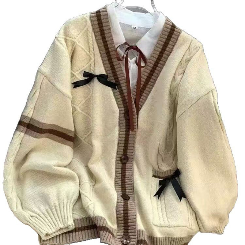 AliExpress Casual Sweet Bow Cardigan Woman Autumn Winter Japanese Classic Preppy Style Knitted Coats Y2K Vintage Contrast Color V-Neck Tops, view 5