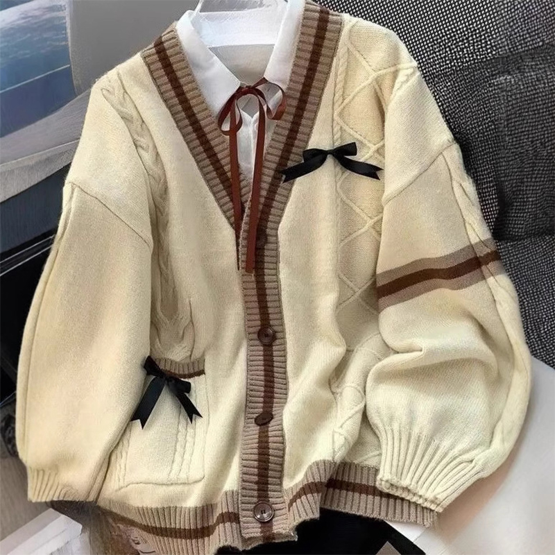 AliExpress Casual Sweet Bow Cardigan Woman Autumn Winter Japanese Classic Preppy Style Knitted Coats Y2K Vintage Contrast Color V-Neck Tops, view 6