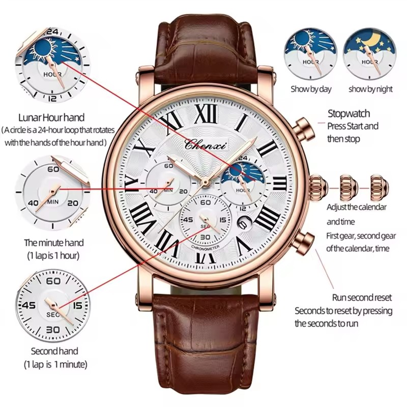 AliExpress CHENXI 973 Men's Moon Phase Leather Quartz Watch, view 3
