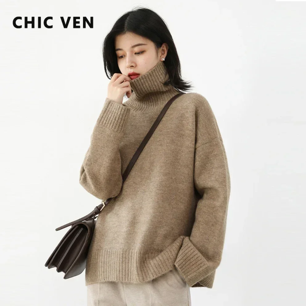 AliExpress CHIC VEN Korean Women's Sweater Loose Turtleneck Sweaters Warm Solid Pullover Knitwear Basic Female Tops Autumn Winter 2022, view 2