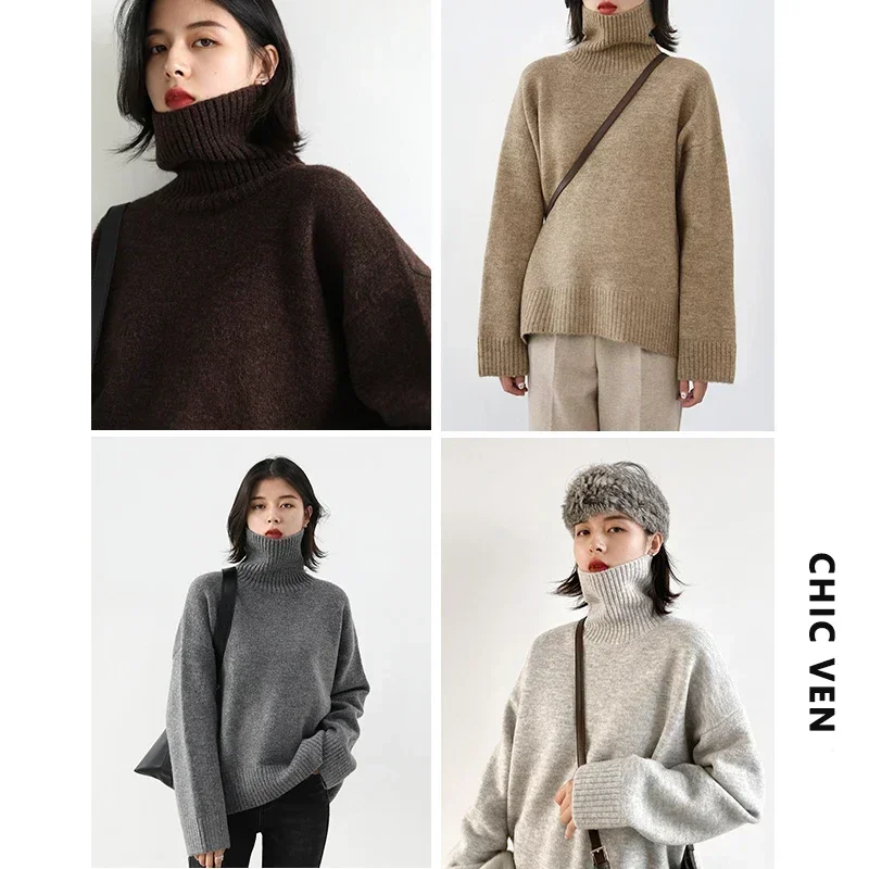 AliExpress CHIC VEN Korean Women's Sweater Loose Turtleneck Sweaters Warm Solid Pullover Knitwear Basic Female Tops Autumn Winter 2022, view 3