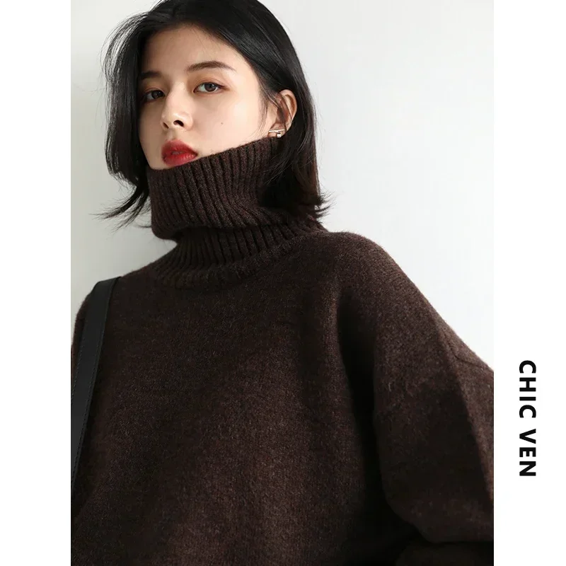 AliExpress CHIC VEN Korean Women's Sweater Loose Turtleneck Sweaters Warm Solid Pullover Knitwear Basic Female Tops Autumn Winter 2022, view 5