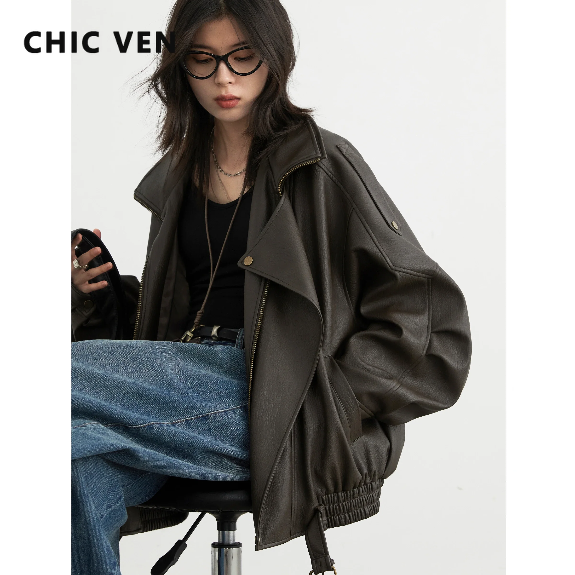 AliExpress CHIC VEN Woman PU Jacket Solid Loose New Retro Standing Collar Motorcycle Faux Leather Coat Female Top Spring Autumn 2026
