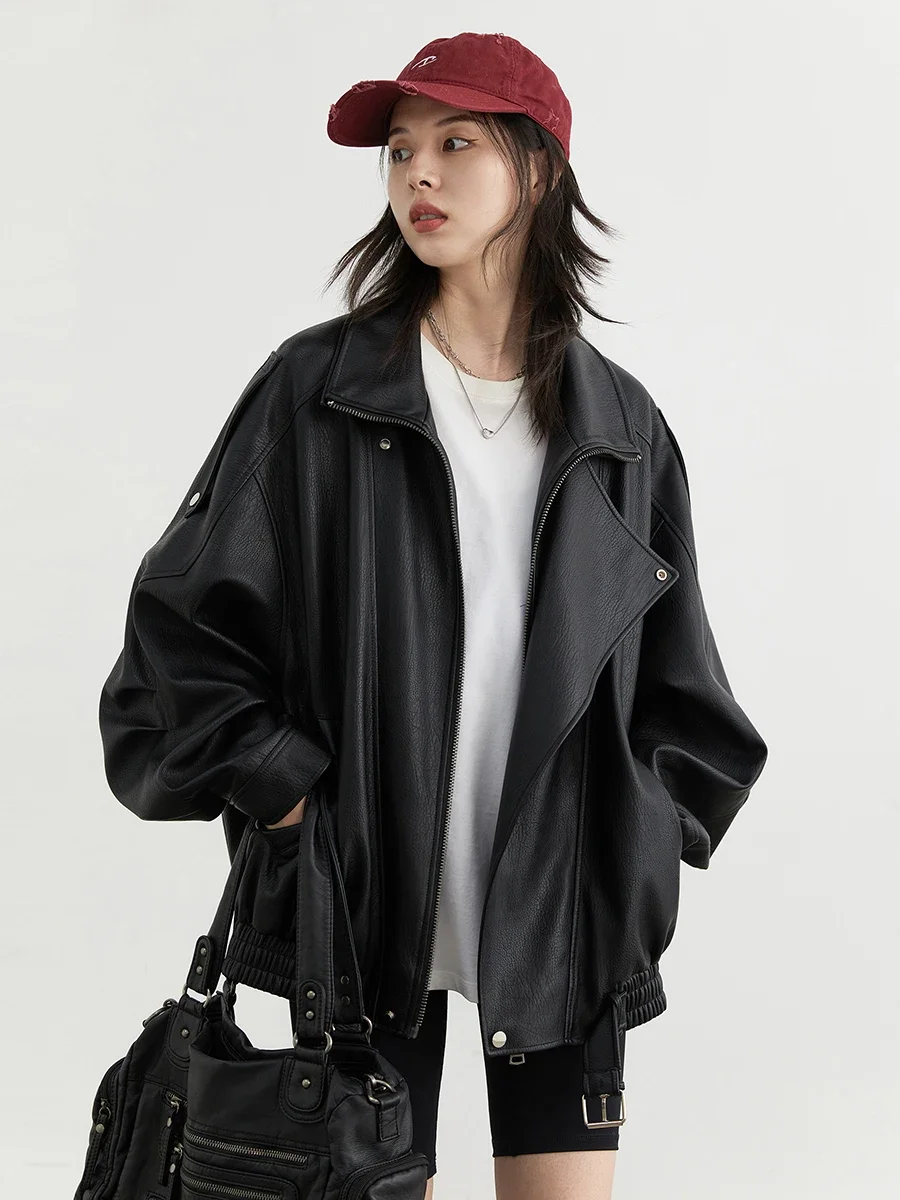 AliExpress CHIC VEN Woman PU Jacket Solid Loose New Retro Standing Collar Motorcycle Faux Leather Coat Female Top Spring Autumn 2026, view 2