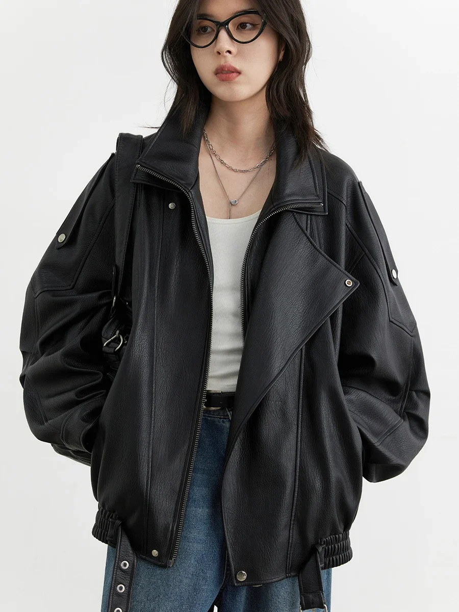 AliExpress CHIC VEN Woman PU Jacket Solid Loose New Retro Standing Collar Motorcycle Faux Leather Coat Female Top Spring Autumn 2026, view 3