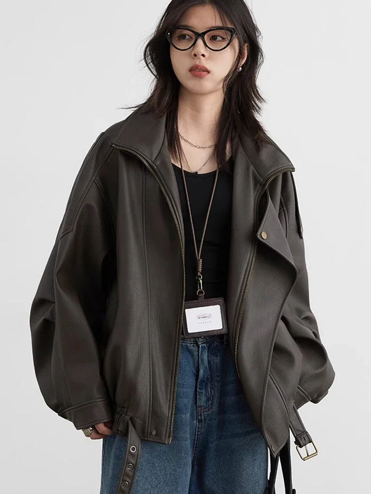 AliExpress CHIC VEN Woman PU Jacket Solid Loose New Retro Standing Collar Motorcycle Faux Leather Coat Female Top Spring Autumn 2026, view 6