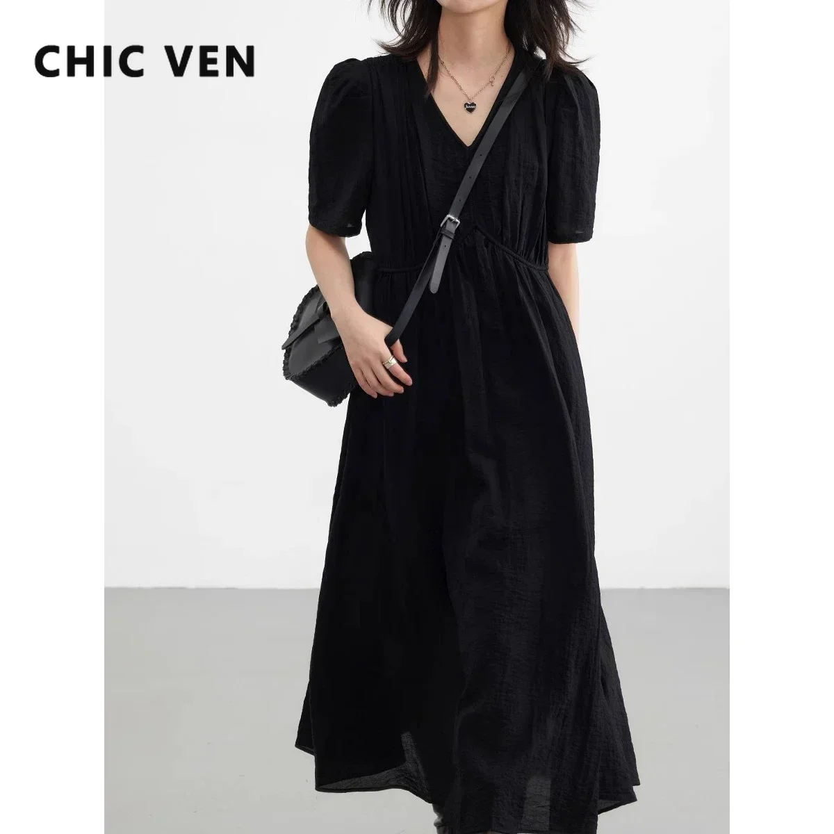 AliExpress CHIC VEN Women Dresses French Style Vintage V-neck Puff Sleeve Long Dress Solid Black Loose Female Clothing Summer New 2023