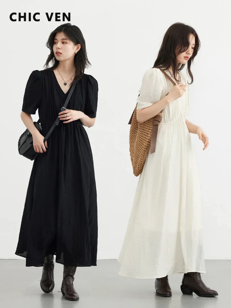 AliExpress CHIC VEN Women Dresses French Style Vintage V-neck Puff Sleeve Long Dress Solid Black Loose Female Clothing Summer New 2023, view 2