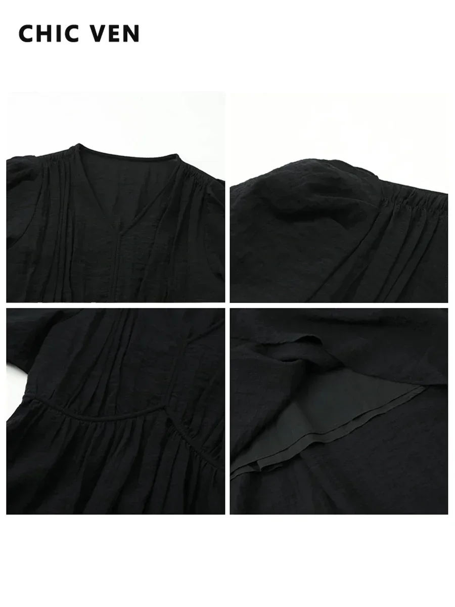 AliExpress CHIC VEN Women Dresses French Style Vintage V-neck Puff Sleeve Long Dress Solid Black Loose Female Clothing Summer New 2023, view 4