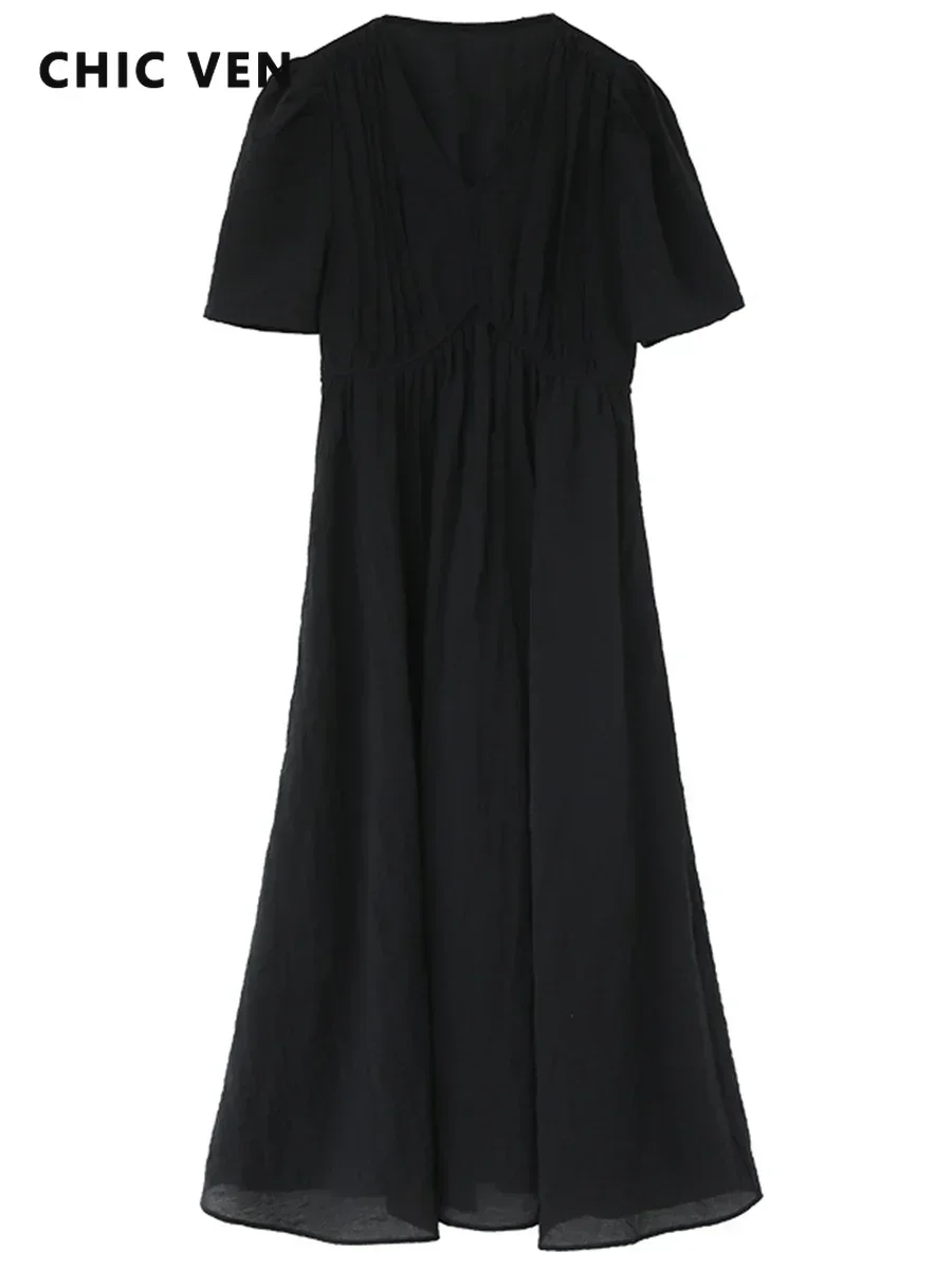 AliExpress CHIC VEN Women Dresses French Style Vintage V-neck Puff Sleeve Long Dress Solid Black Loose Female Clothing Summer New 2023, view 5