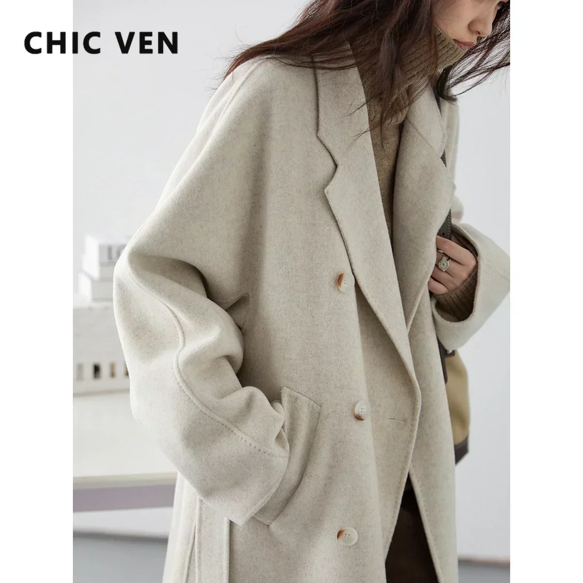 AliExpress CHIC VEN Women Long Double-sided Woolen Coats Retro Loose Female Overcoat Double Breasted Ladies Windbreak Autumn Winter 2026, view 2