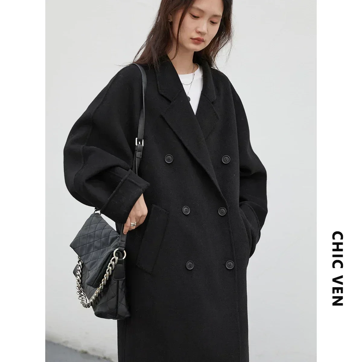 AliExpress CHIC VEN Women Long Double-sided Woolen Coats Retro Loose Female Overcoat Double Breasted Ladies Windbreak Autumn Winter 2026, view 5