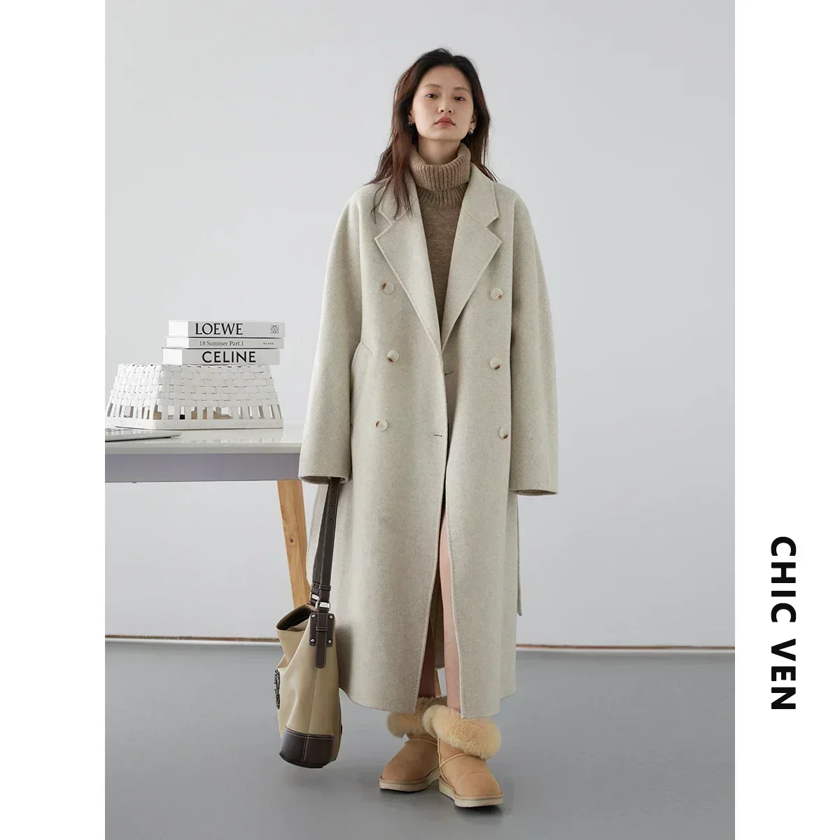 AliExpress CHIC VEN Women Long Double-sided Woolen Coats Retro Loose Female Overcoat Double Breasted Ladies Windbreak Autumn Winter 2026, view 6