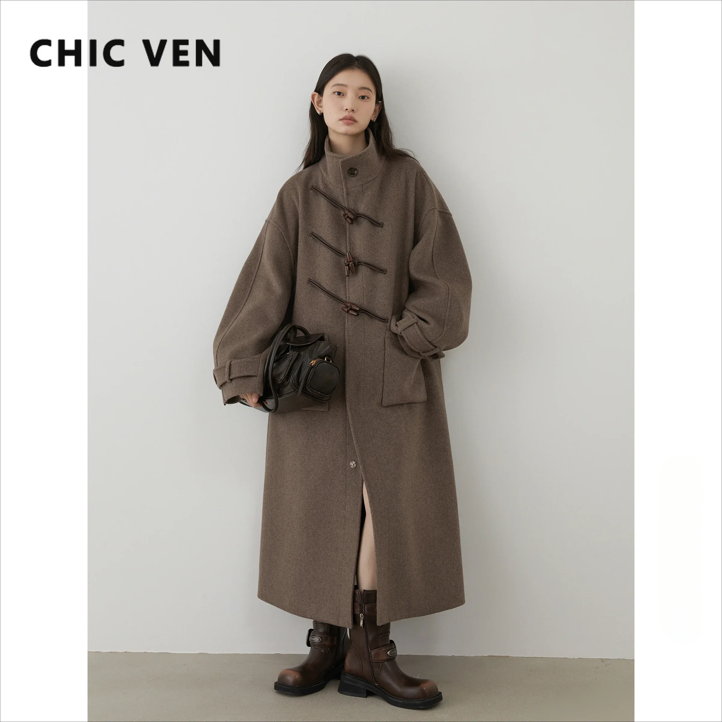 AliExpress CHIC VEN Women Long Woolen Coats Single Breasted Loose Stand Collar Cow Horn Buttoned Office Ladies Overcoat Autumn Winter 2026