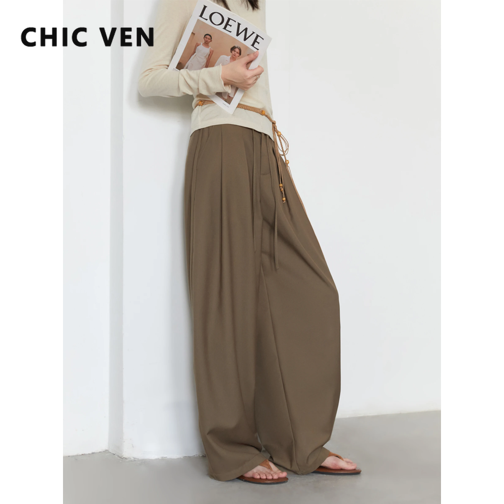 AliExpress CHIC VEN Women Pants Solid Loose Casual Wide Leg Pant Drawstring Pleated Female Suit Trousers Office Ladies Sping Autumn 2025