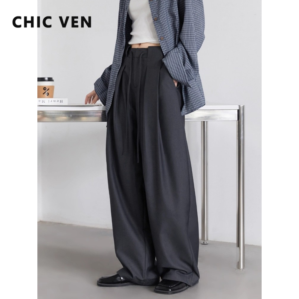 AliExpress CHIC VEN Women Pants Solid Loose Casual Wide Leg Pant Drawstring Pleated Female Suit Trousers Office Ladies Sping Autumn 2025, view 2
