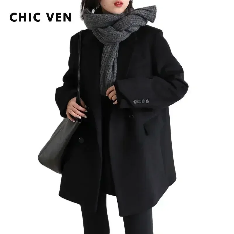 AliExpress CHIC VEN Women Wool Blend Coat Solid Mid Long Woolen Blazer Thick Warm Blouse Women's Overcoat Office Lady Tops Autumn Winter