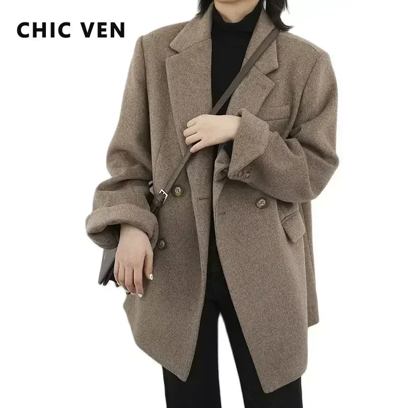 AliExpress CHIC VEN Women Wool Blend Coat Solid Mid Long Woolen Blazer Thick Warm Blouse Women's Overcoat Office Lady Tops Autumn Winter, view 2