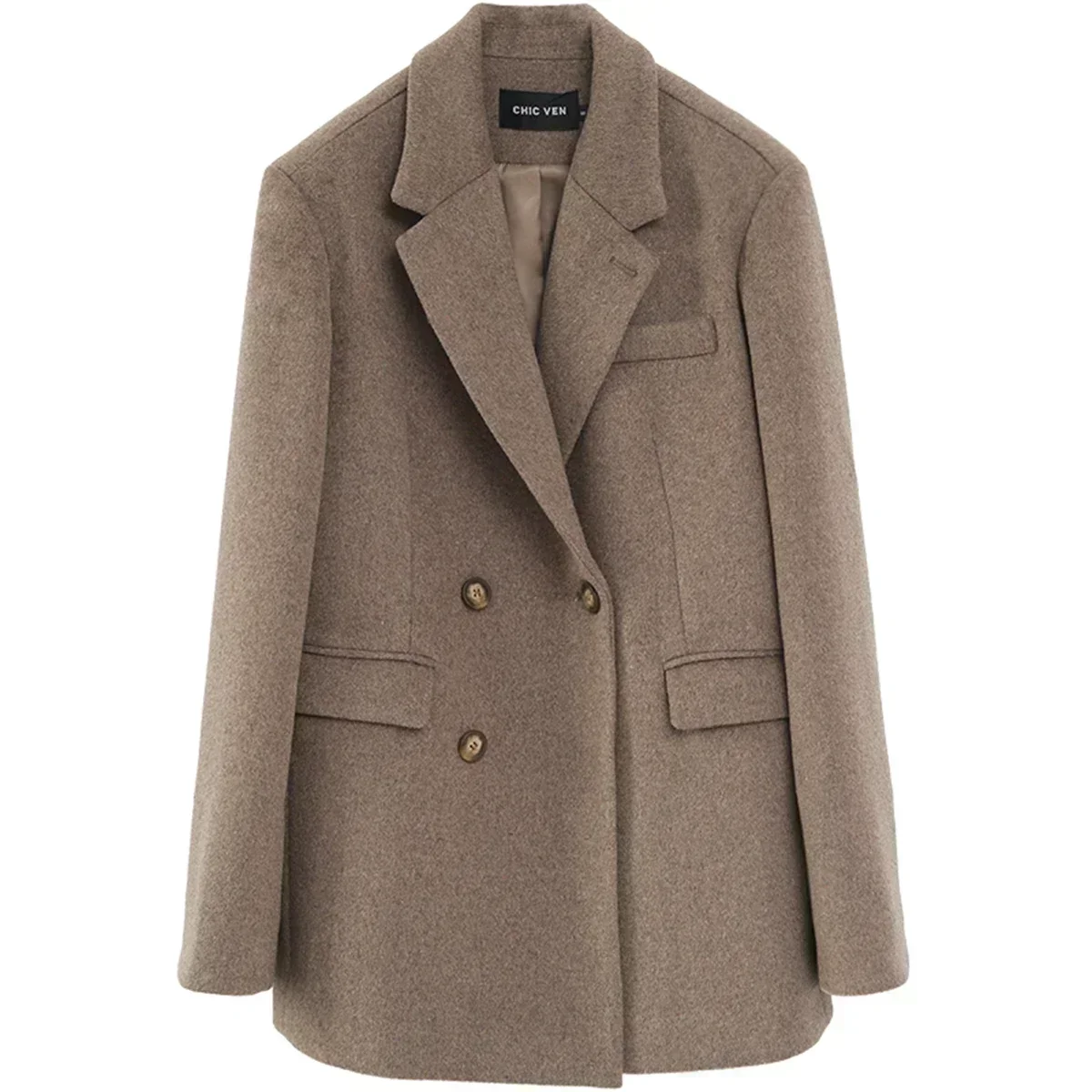 AliExpress CHIC VEN Women Wool Blend Coat Solid Mid Long Woolen Blazer Thick Warm Blouse Women's Overcoat Office Lady Tops Autumn Winter, view 4