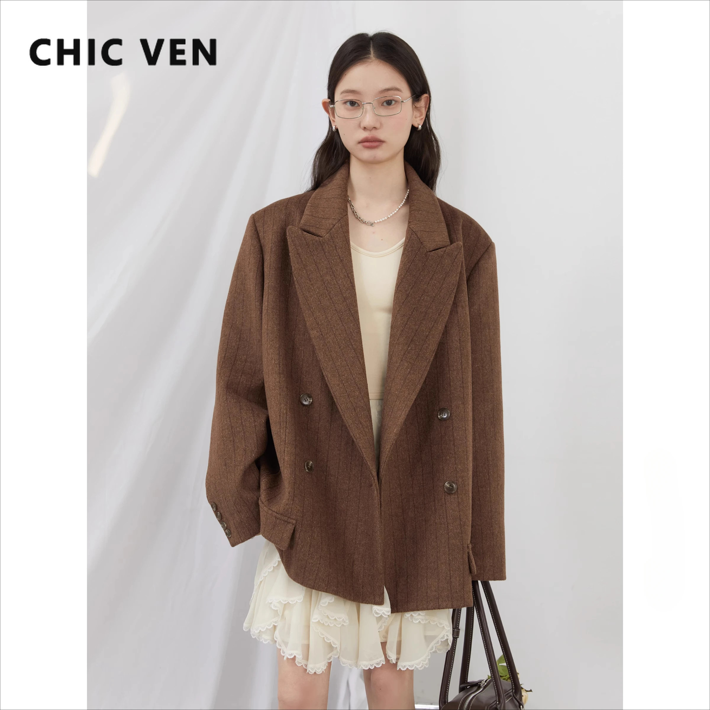 AliExpress CHIC VEN Women Woolen Blazer Loose Vintage V Neck Female Jacket Suit Double Breasted Office Ladies Coat Spring Autumn 2025