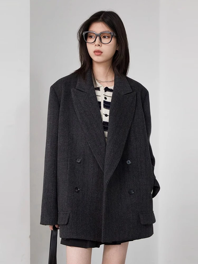 AliExpress CHIC VEN Women Woolen Blazer Loose Vintage V Neck Female Jacket Suit Double Breasted Office Ladies Coat Spring Autumn 2025, view 2