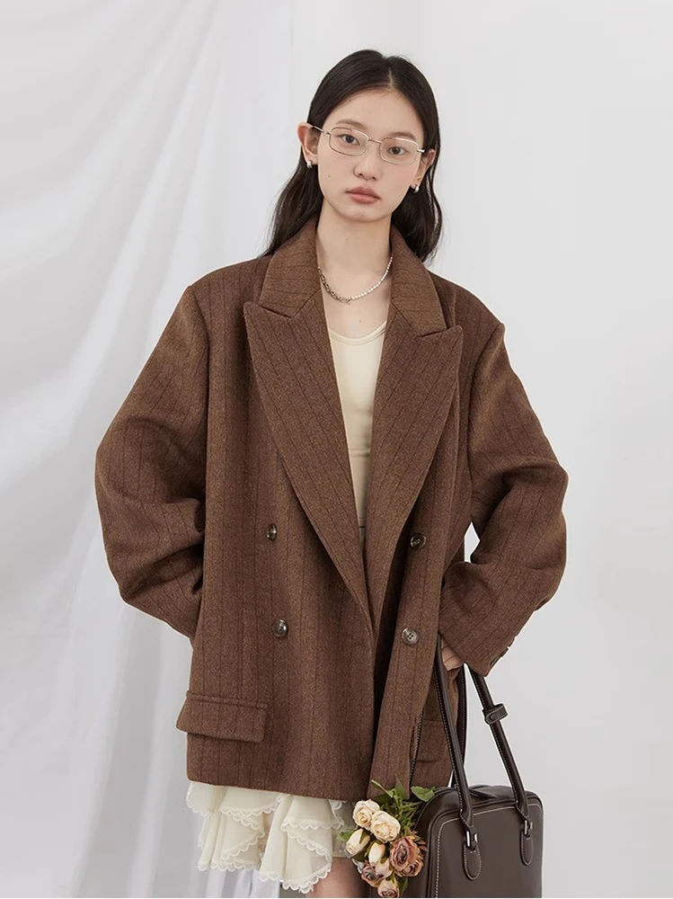 AliExpress CHIC VEN Women Woolen Blazer Loose Vintage V Neck Female Jacket Suit Double Breasted Office Ladies Coat Spring Autumn 2025, view 3