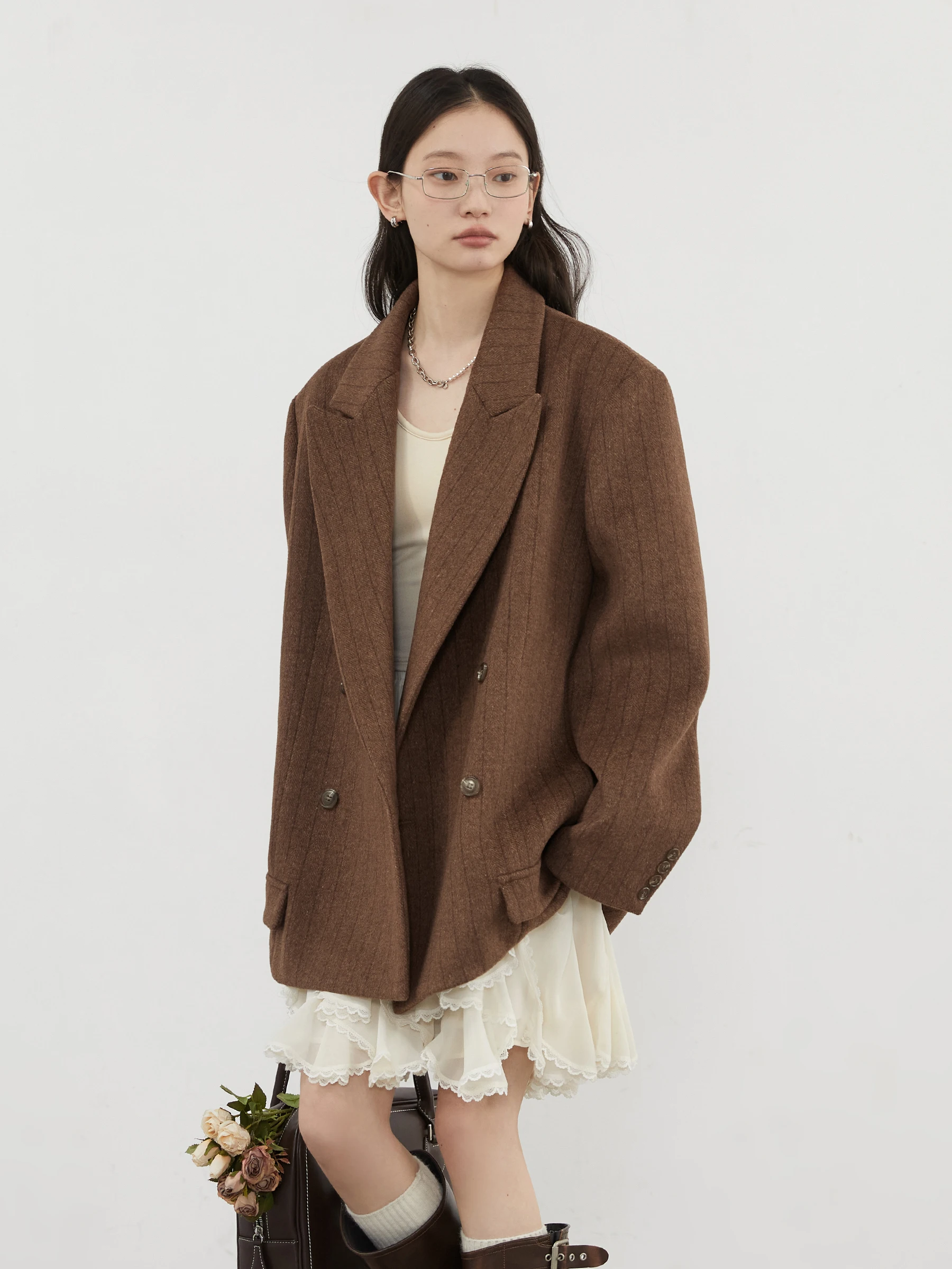 AliExpress CHIC VEN Women Woolen Blazer Loose Vintage V Neck Female Jacket Suit Double Breasted Office Ladies Coat Spring Autumn 2025, view 4