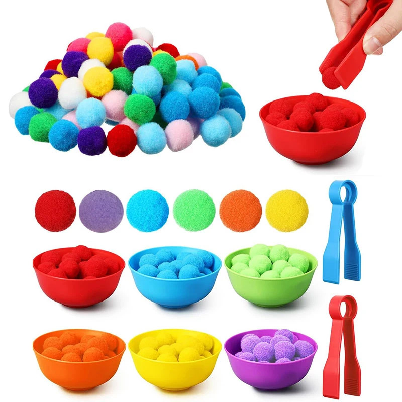 AliExpress Children Counting and Sorting Toys Pom Poms Rainbow Colors Plastic Bowls Tweezers Fine Motor Skill Children Learning Toys, view 2