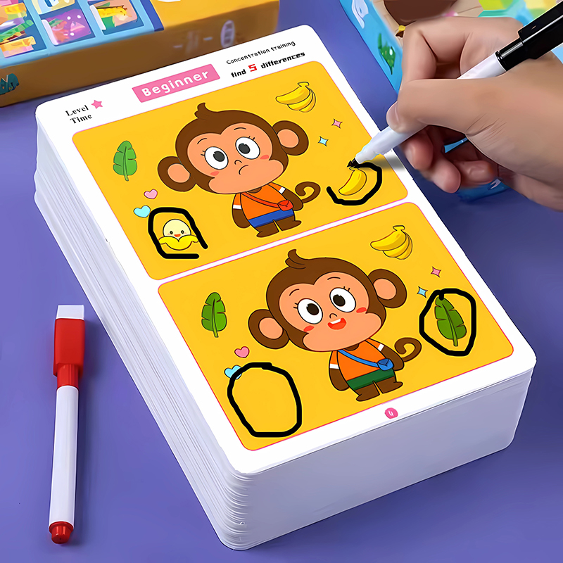 AliExpress Children's Educational Games, Focus and Observation Training, Spot the Difference, from Hyperactivity to Concentration, Educational Game Cards, Can Be Wiped Off and Reused, Suitable for Holiday Gifts