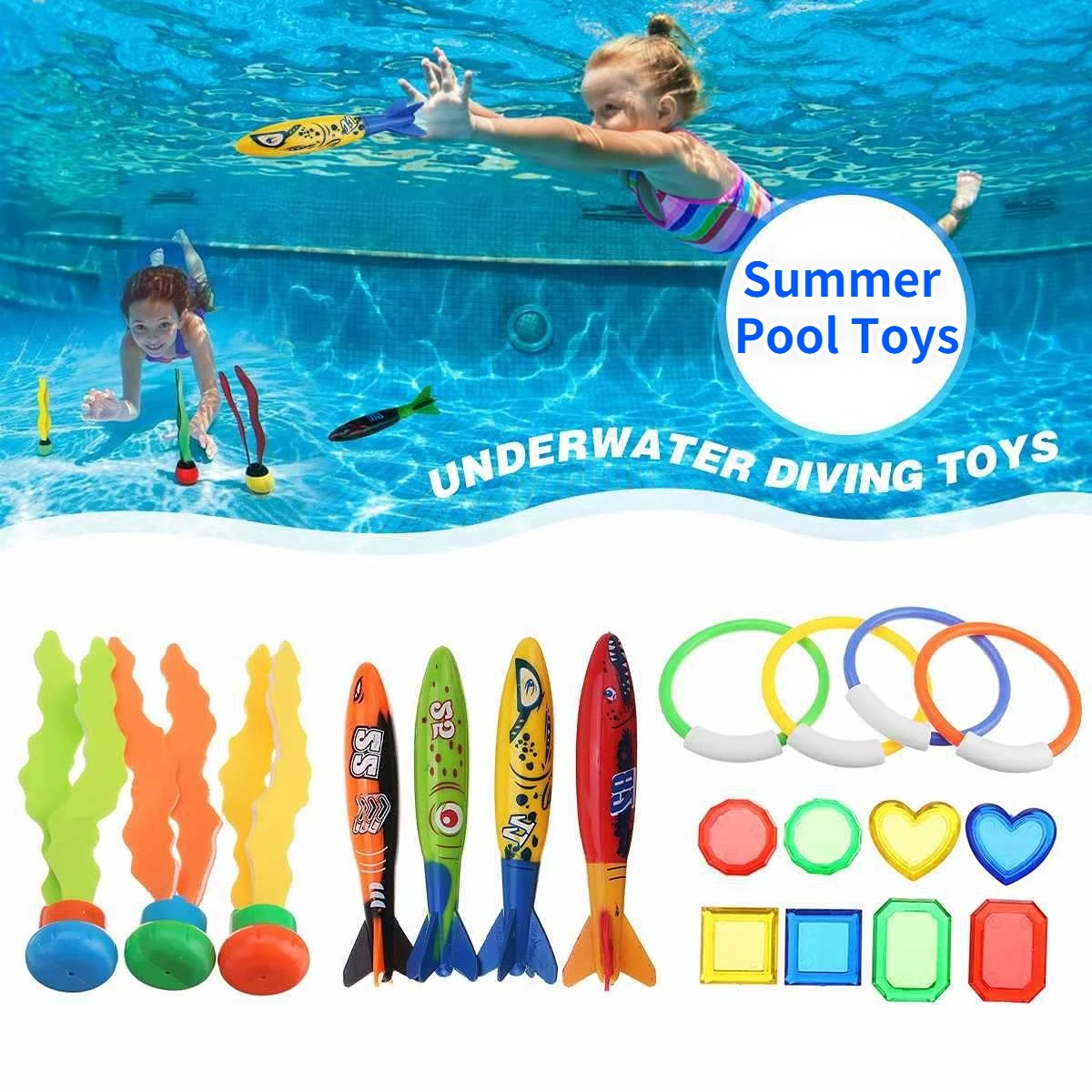 AliExpress Children's Summer Pool Diving Swimming Toys Shark Rocket Throwing Toys Water Fun Game Diving Pool Sinking Set for Boys Girls, view 2