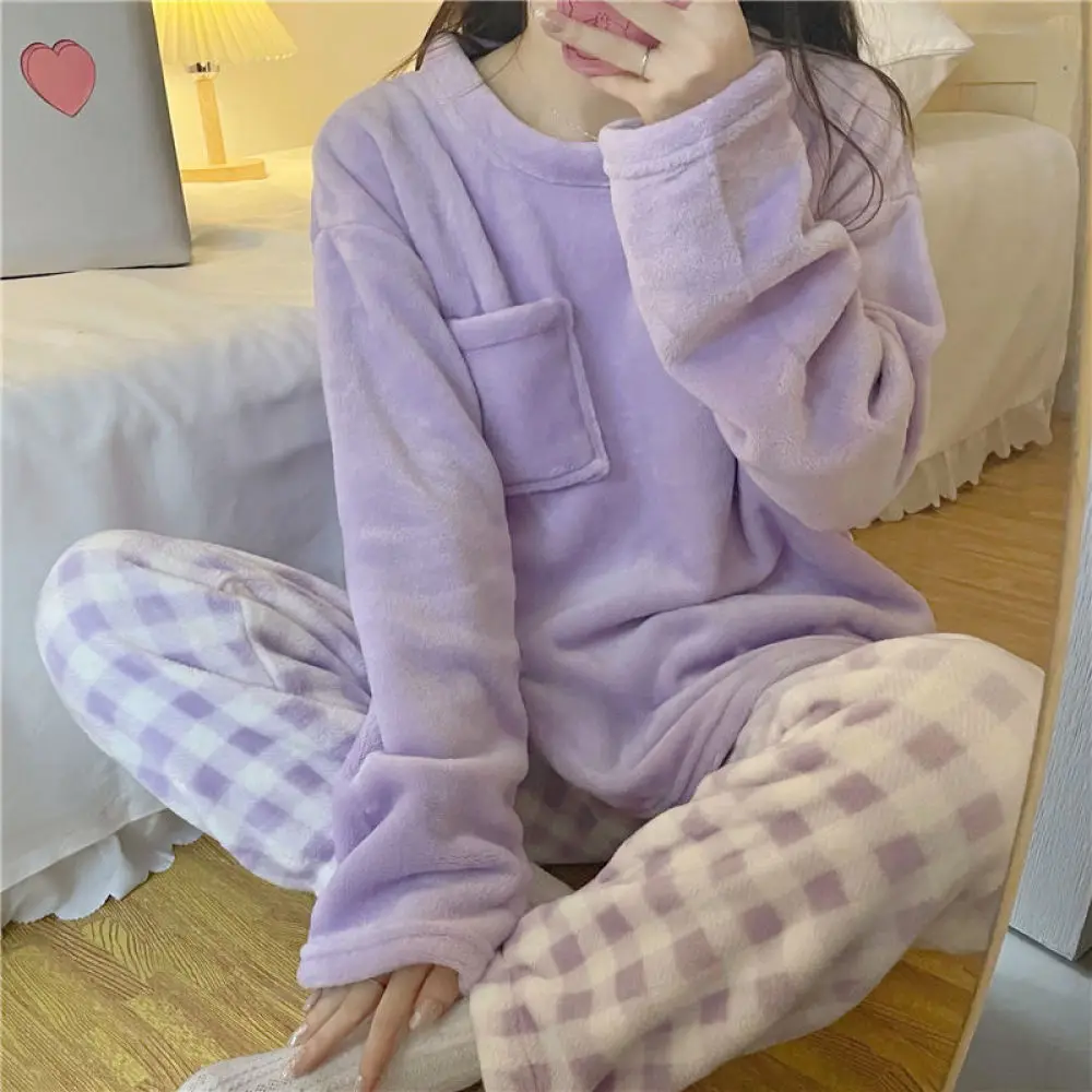 AliExpress CHUANGERM Women's Casual Winter Fleece Pajamas Set, Thick Warm Soft Plaid Top And Pants Home Suit Pyjamas