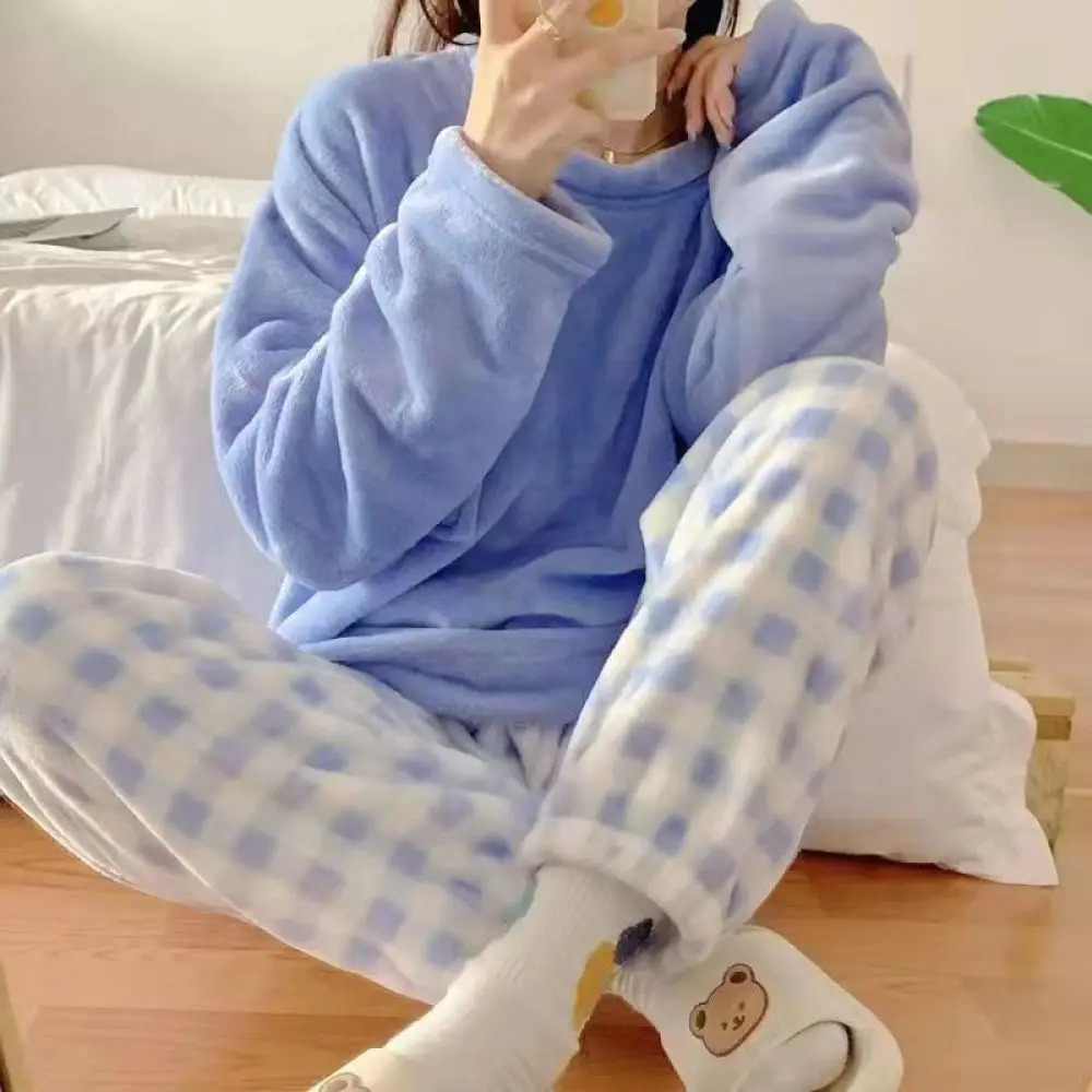 AliExpress CHUANGERM Women's Casual Winter Fleece Pajamas Set, Thick Warm Soft Plaid Top And Pants Home Suit Pyjamas, view 2