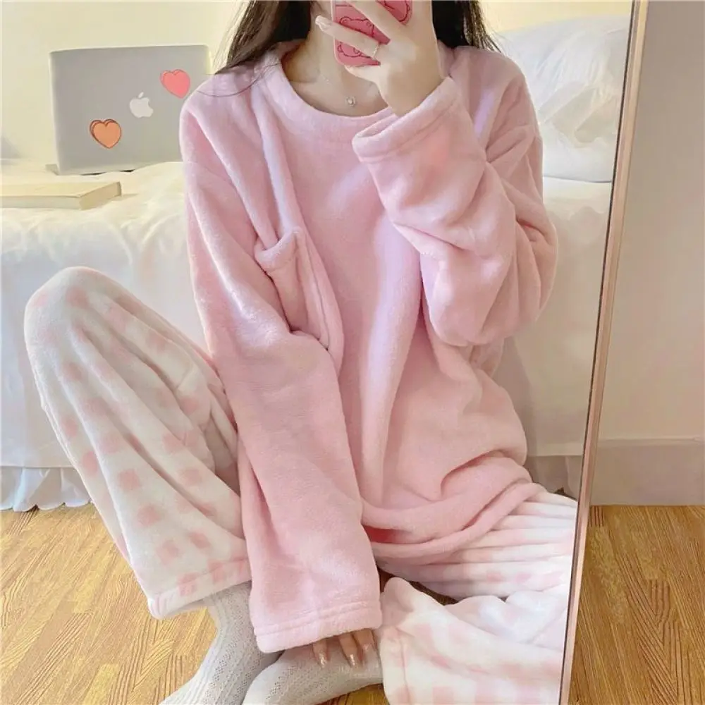 AliExpress CHUANGERM Women's Casual Winter Fleece Pajamas Set, Thick Warm Soft Plaid Top And Pants Home Suit Pyjamas, view 3