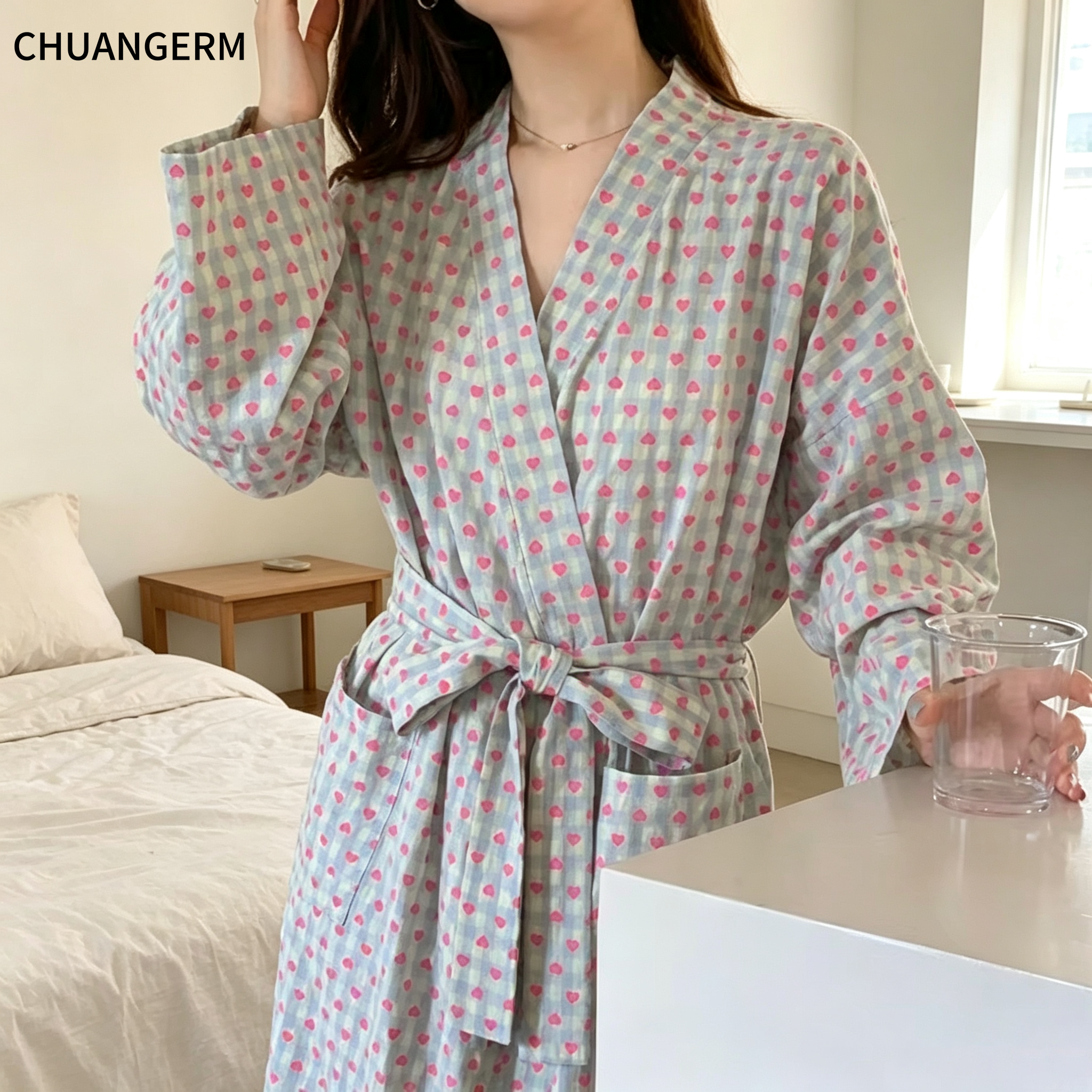 AliExpress CHUANGERM Women Sweet Plaid Long Sleeve V‑Neck Lace Up Loose Medium‑Long Robe Comfortable Sexy Home Wear Loungewear