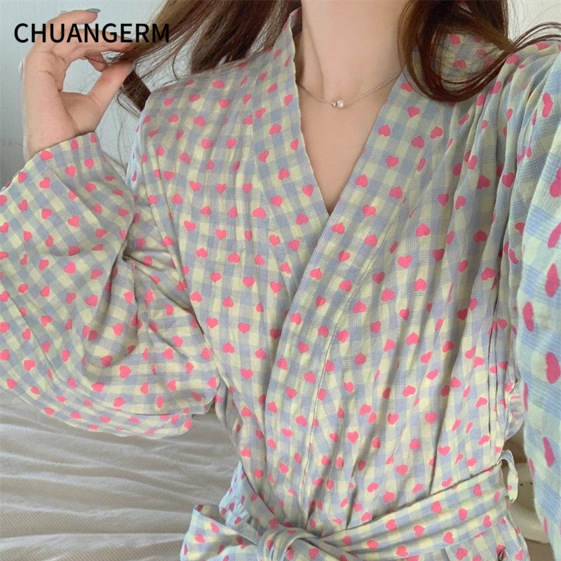 AliExpress CHUANGERM Women Sweet Plaid Long Sleeve V‑Neck Lace Up Loose Medium‑Long Robe Comfortable Sexy Home Wear Loungewear, view 2