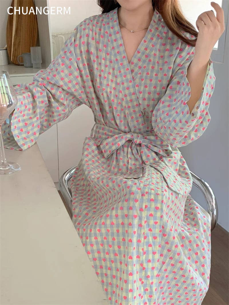 AliExpress CHUANGERM Women Sweet Plaid Long Sleeve V‑Neck Lace Up Loose Medium‑Long Robe Comfortable Sexy Home Wear Loungewear, view 3