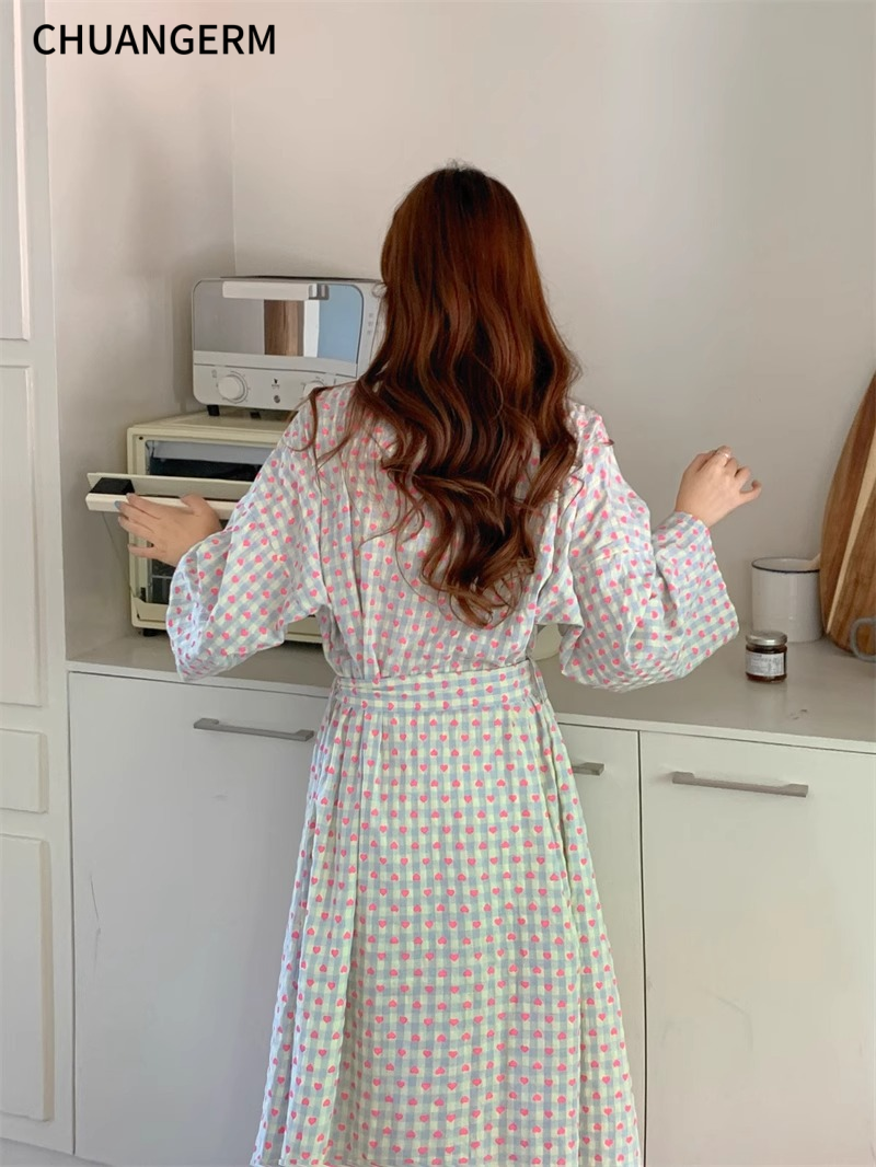 AliExpress CHUANGERM Women Sweet Plaid Long Sleeve V‑Neck Lace Up Loose Medium‑Long Robe Comfortable Sexy Home Wear Loungewear, view 4