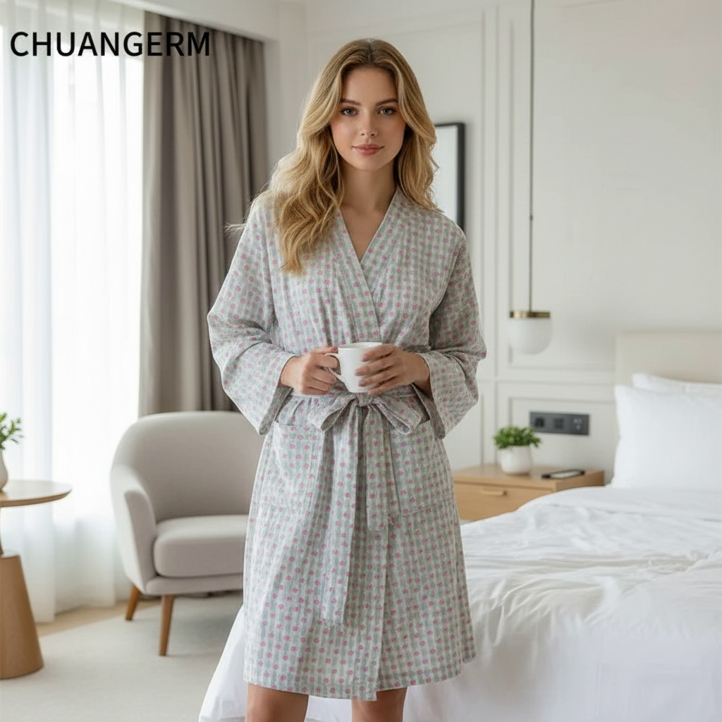 AliExpress CHUANGERM Women Sweet Plaid Long Sleeve V‑Neck Lace Up Loose Medium‑Long Robe Comfortable Sexy Home Wear Loungewear, view 5