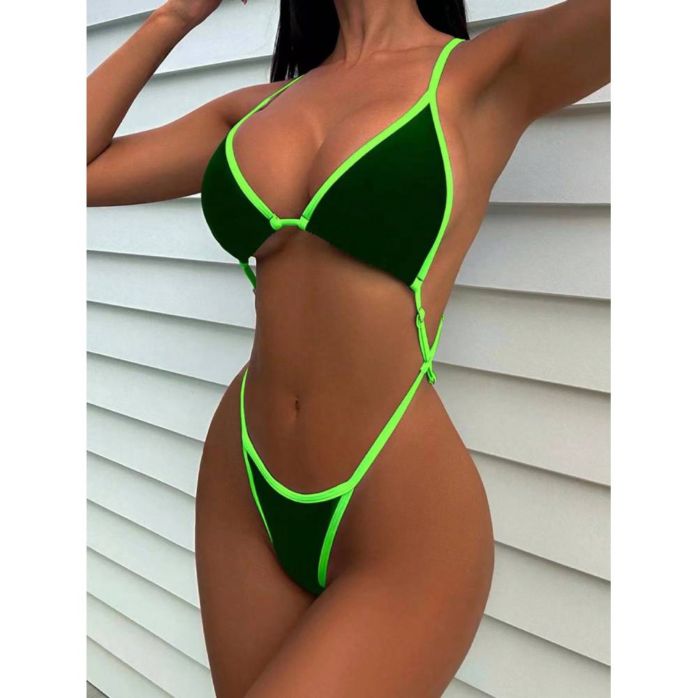AliExpress Cikini Summer Beach Women's Contrast Trim Halterneck One-Piece Swimsuit Sexy Swimwear Bathing Suit