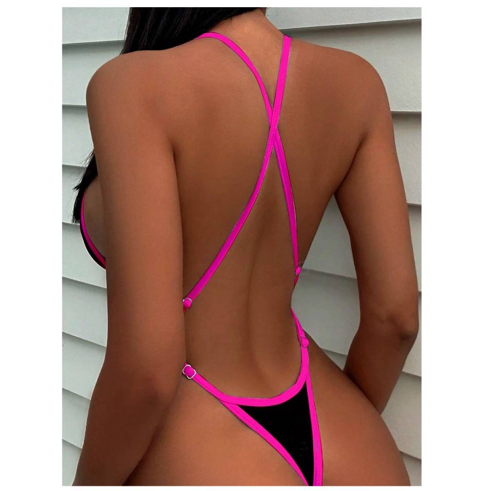 AliExpress Cikini Summer Beach Women's Contrast Trim Halterneck One-Piece Swimsuit Sexy Swimwear Bathing Suit, view 3