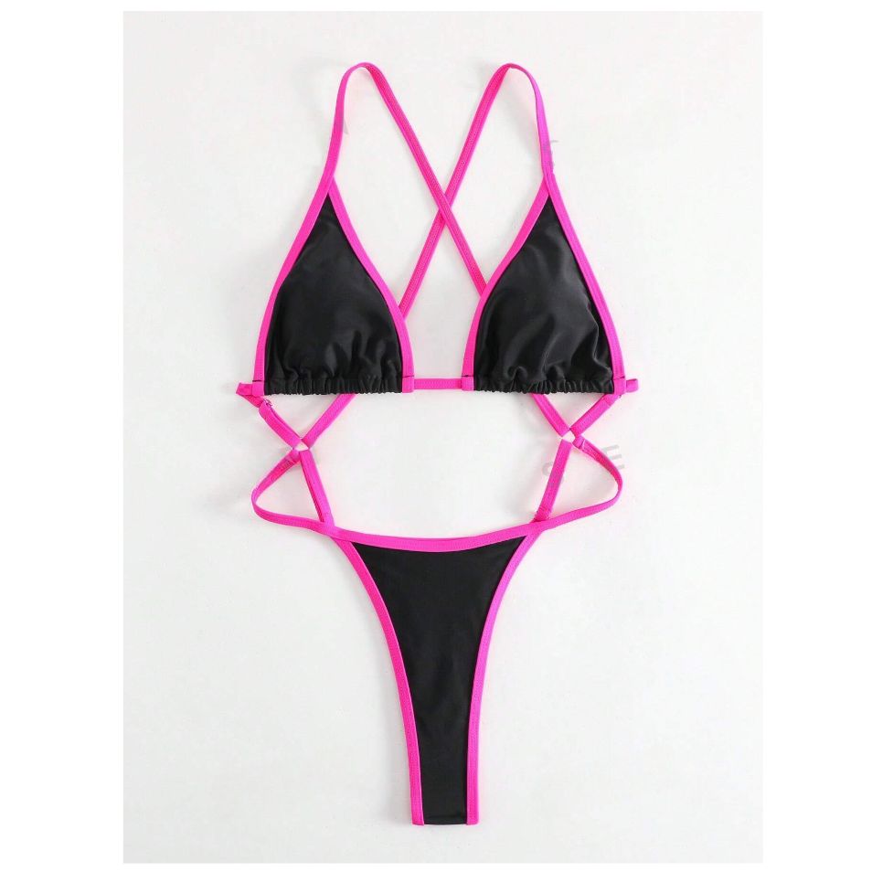 AliExpress Cikini Summer Beach Women's Contrast Trim Halterneck One-Piece Swimsuit Sexy Swimwear Bathing Suit, view 4