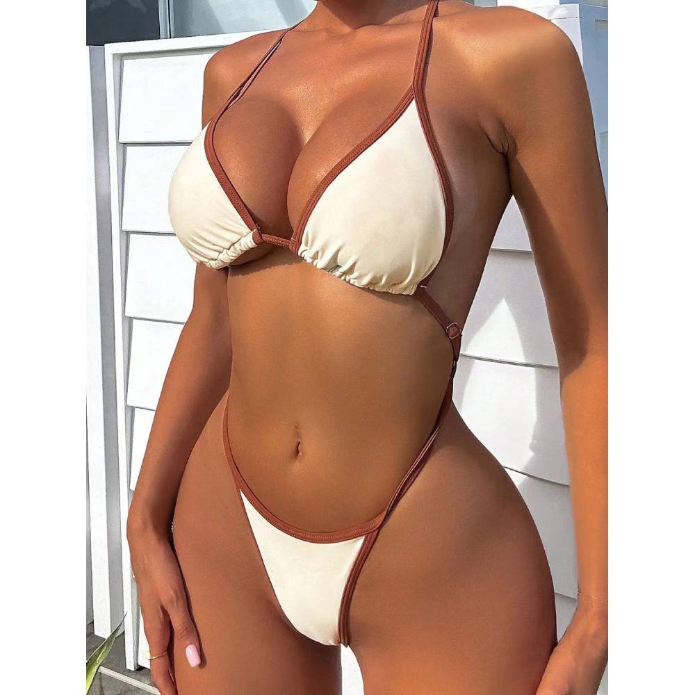 AliExpress Cikini Summer Beach Women's Contrast Trim Halterneck One-Piece Swimsuit Sexy Swimwear Bathing Suit, view 6