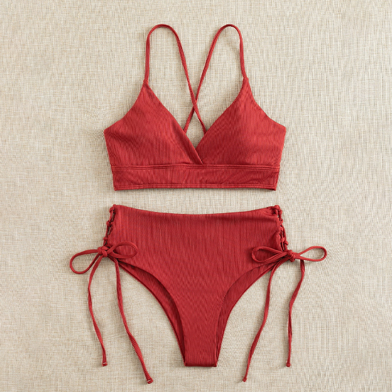 AliExpress Cikini-V-Neck Split Bikini Set for Women, Sexy Swimsuit, Lace Up, Triangular Bikinis, Solid Color, Beach Swimwear, Bathing Suit