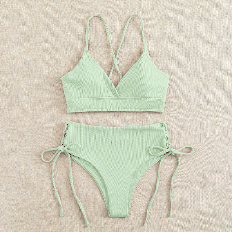 AliExpress Cikini-V-Neck Split Bikini Set for Women, Sexy Swimsuit, Lace Up, Triangular Bikinis, Solid Color, Beach Swimwear, Bathing Suit, view 2