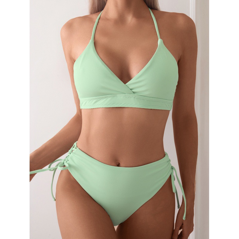 AliExpress Cikini-V-Neck Split Bikini Set for Women, Sexy Swimsuit, Lace Up, Triangular Bikinis, Solid Color, Beach Swimwear, Bathing Suit, view 3